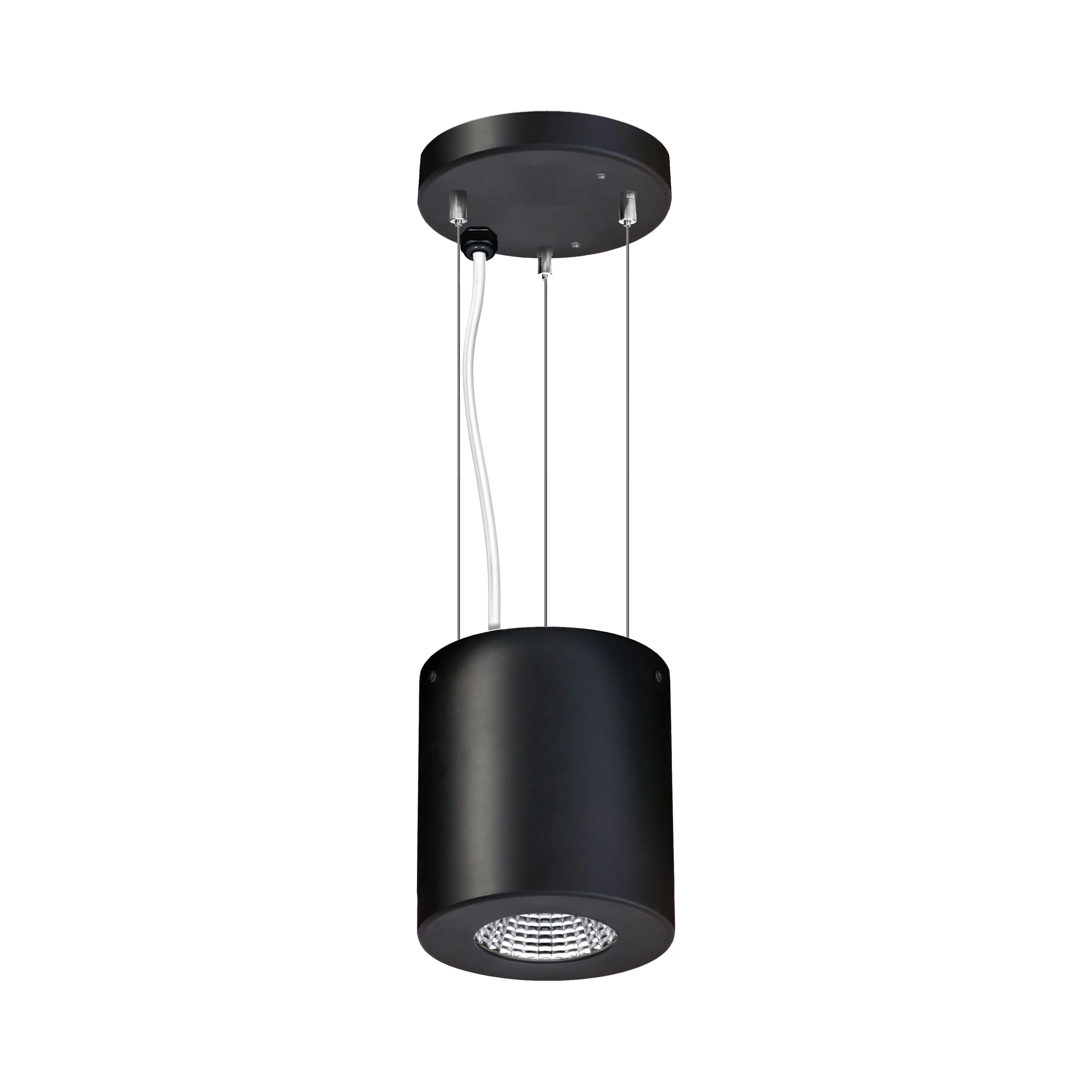 Complete black Lumen suspended downlight with ceiling plate and three suspension wires