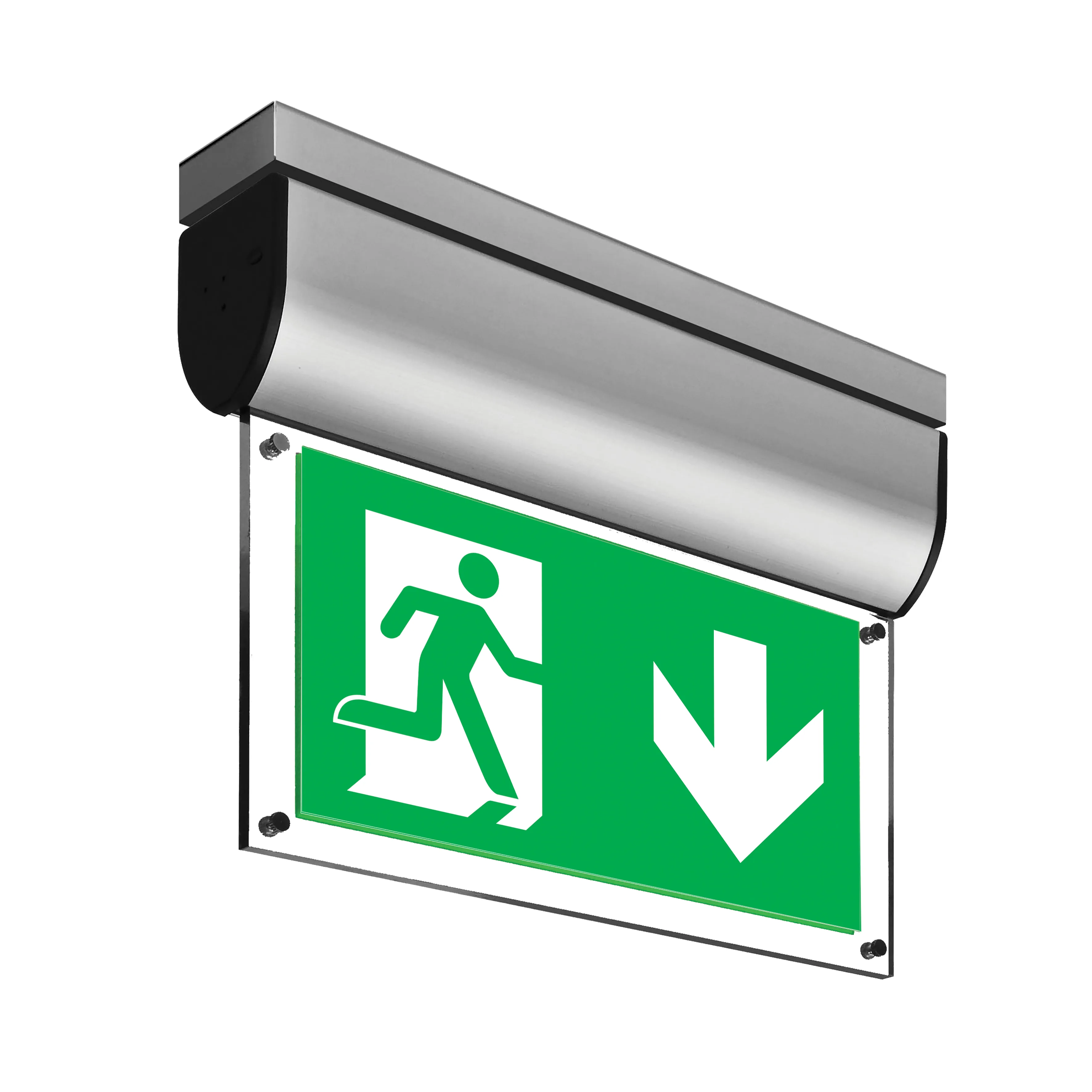 Ceiling-mounted double-sided LED exit sign with ISO arrow-down legend on a clean white background