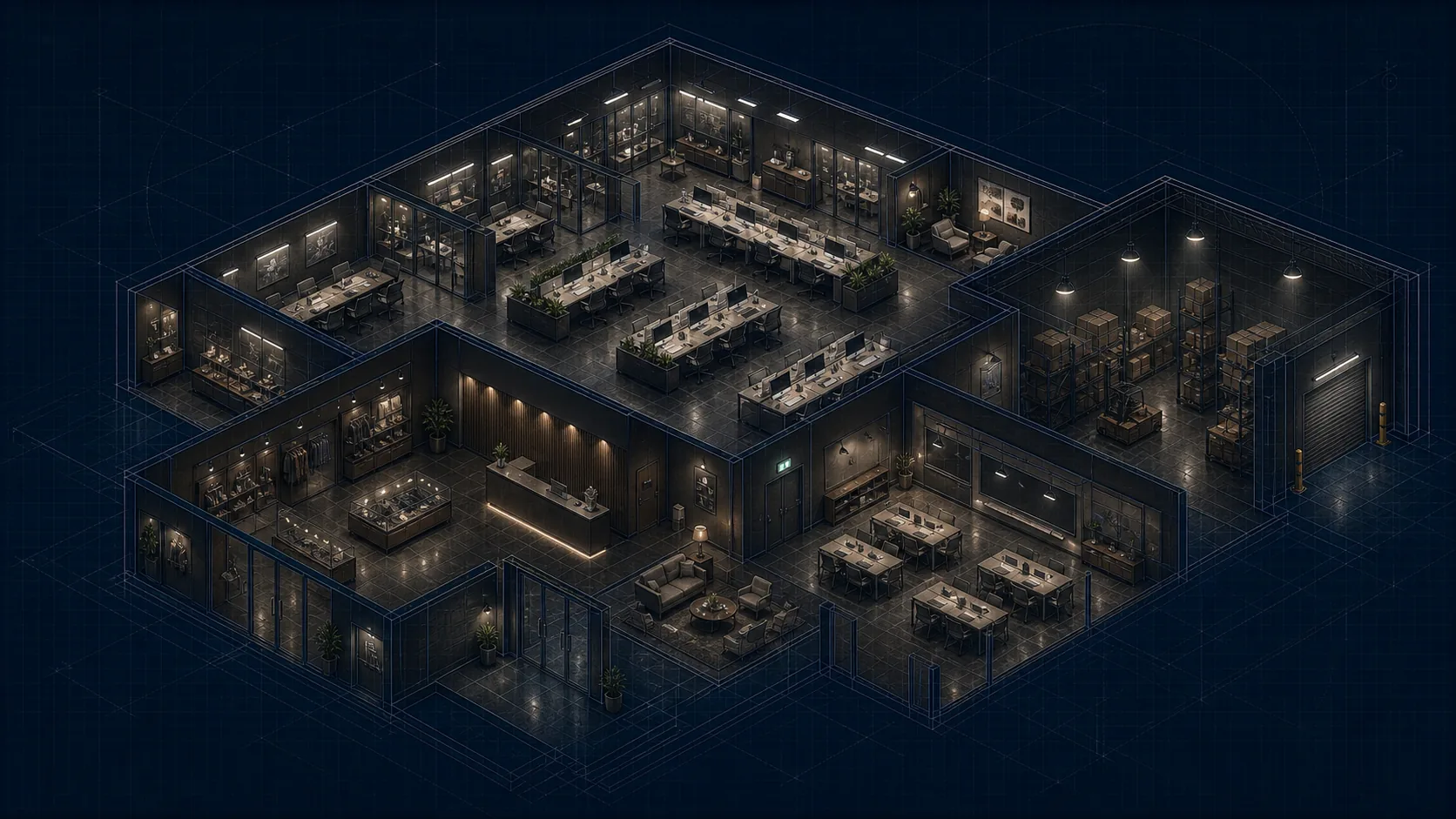 Isometric multi-sector commercial building blueprint showing offices, retail, hospitality and industrial spaces