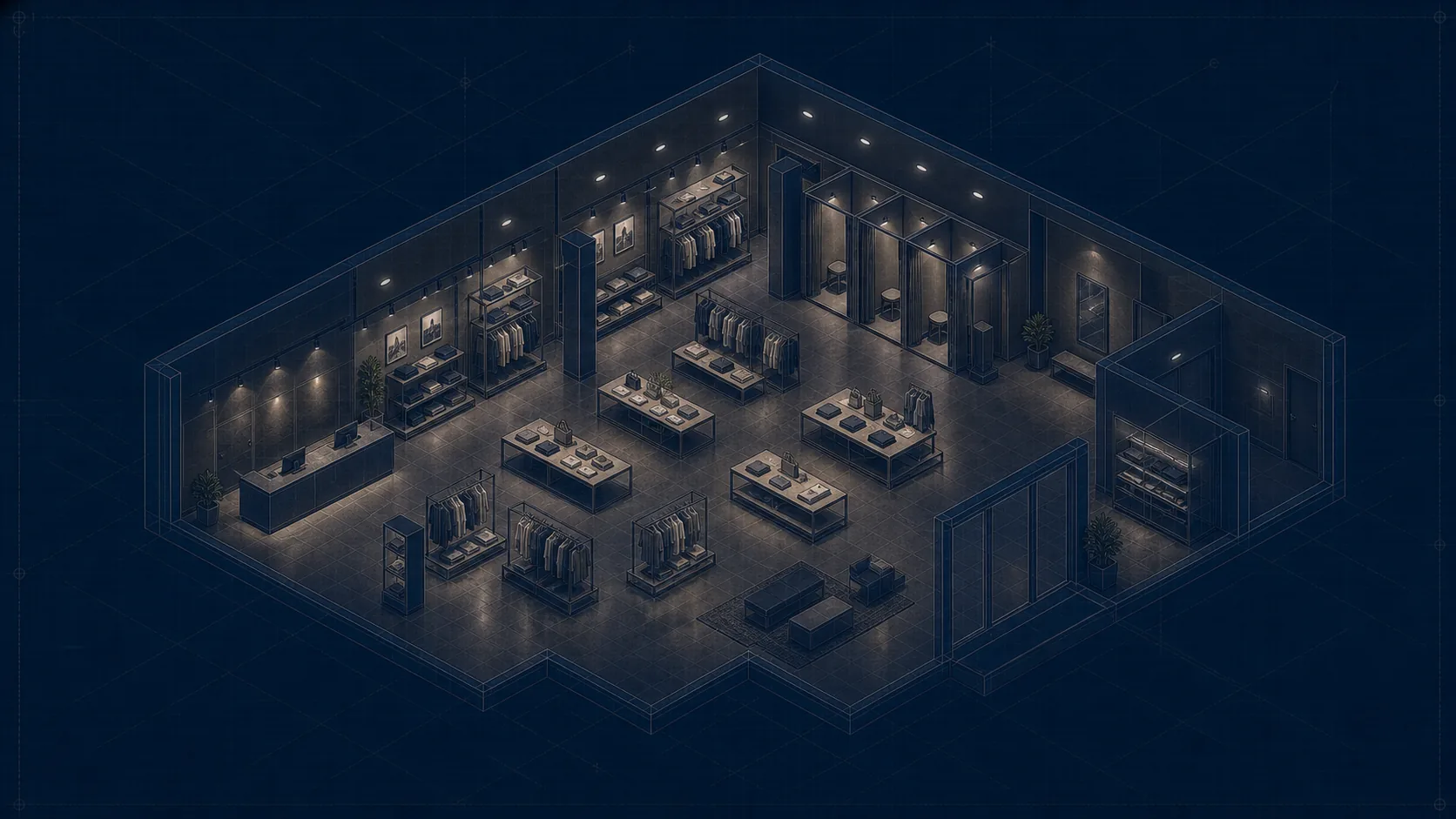 Isometric retail lighting refurbishment scene showing track, downlights and emergency coordination