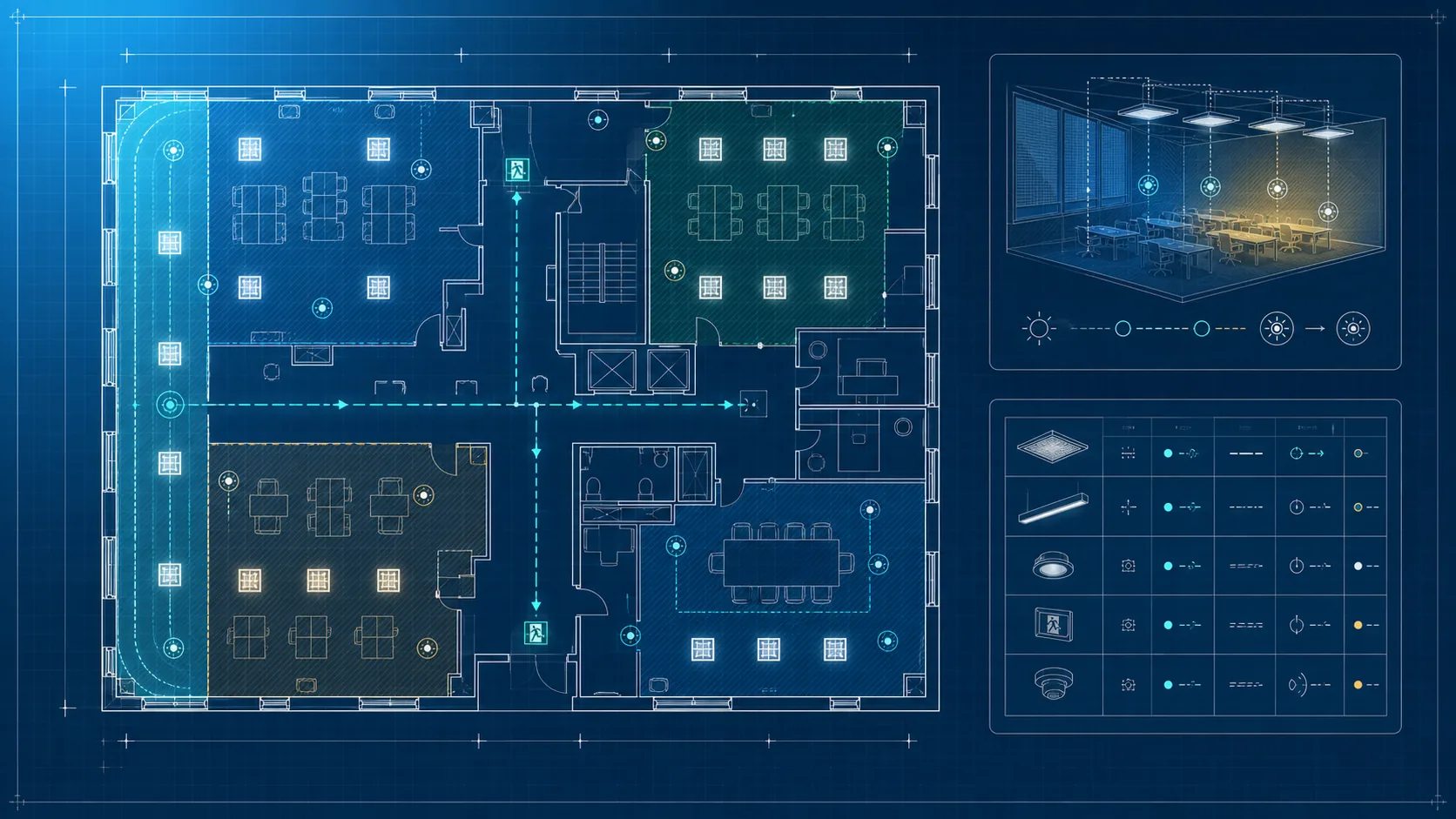 Illustrative office LED lighting energy zones with panels, controls and emergency provision