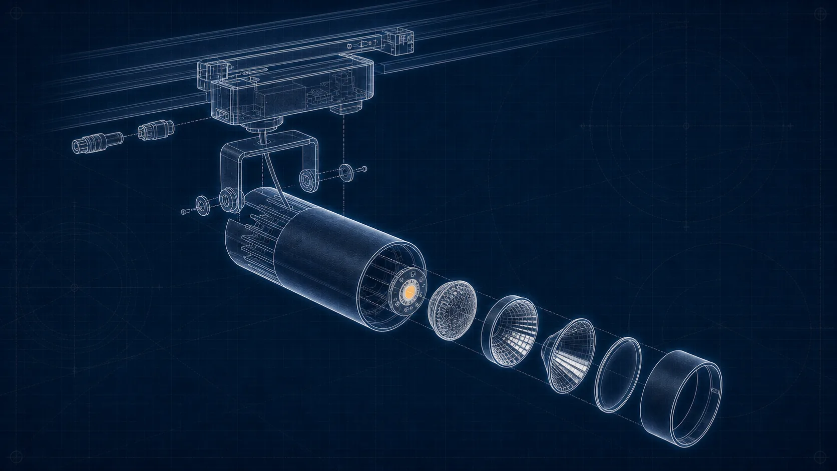 Blueprint view of a track spotlight with optic and lens components