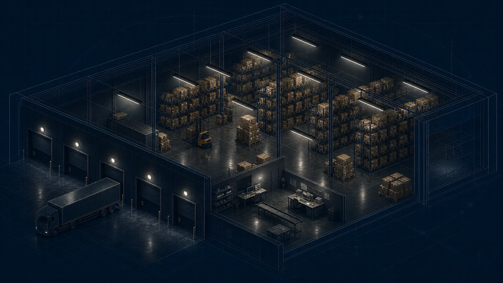 Isometric warehouse lighting blueprint showing industrial fittings, racking and a loading bay