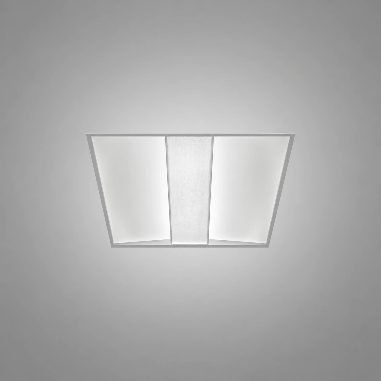 Luminate luminaire with its microprism centre and side wings, on a grey gradient background