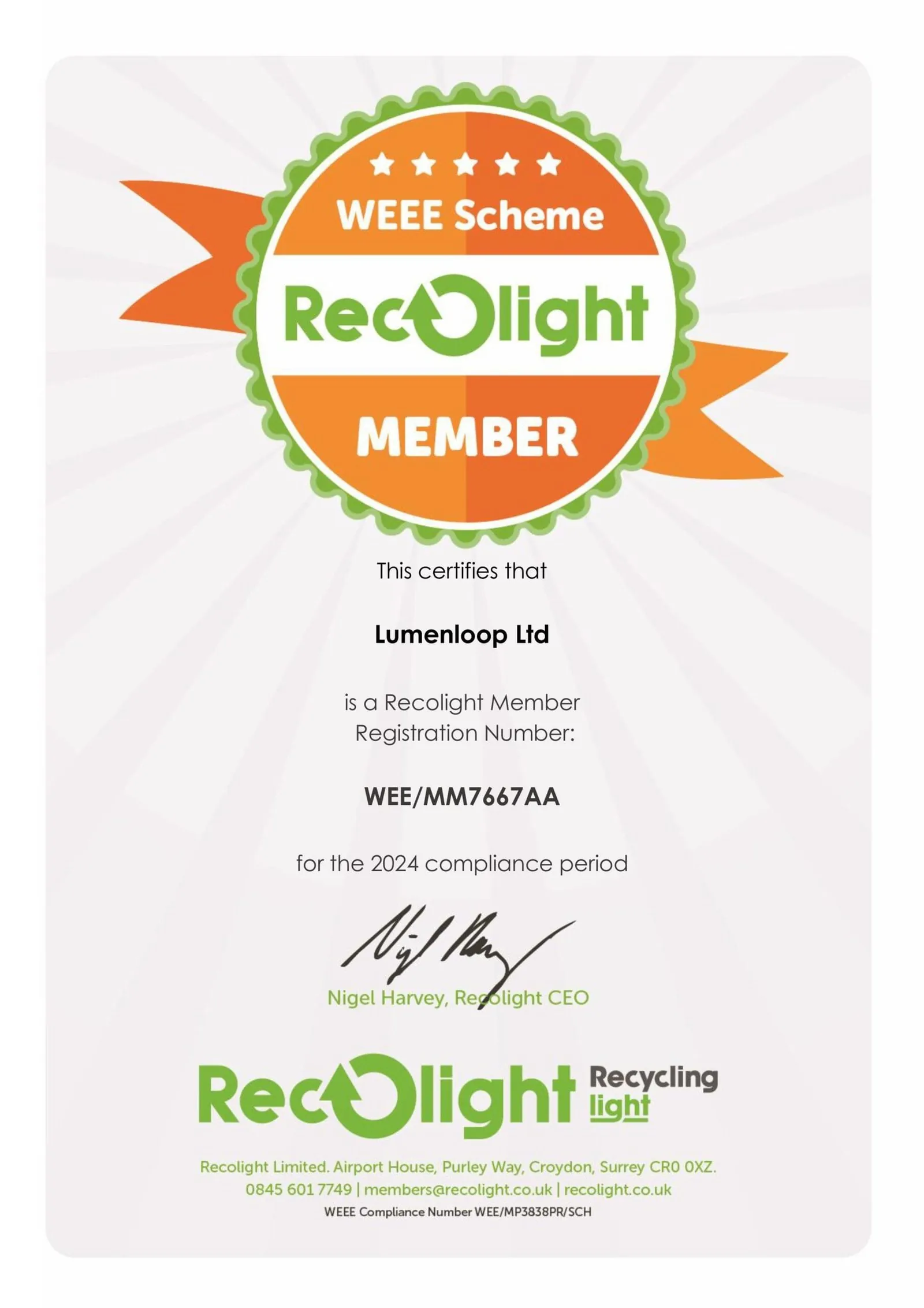 Lumenloop Ltd WEEE certificate