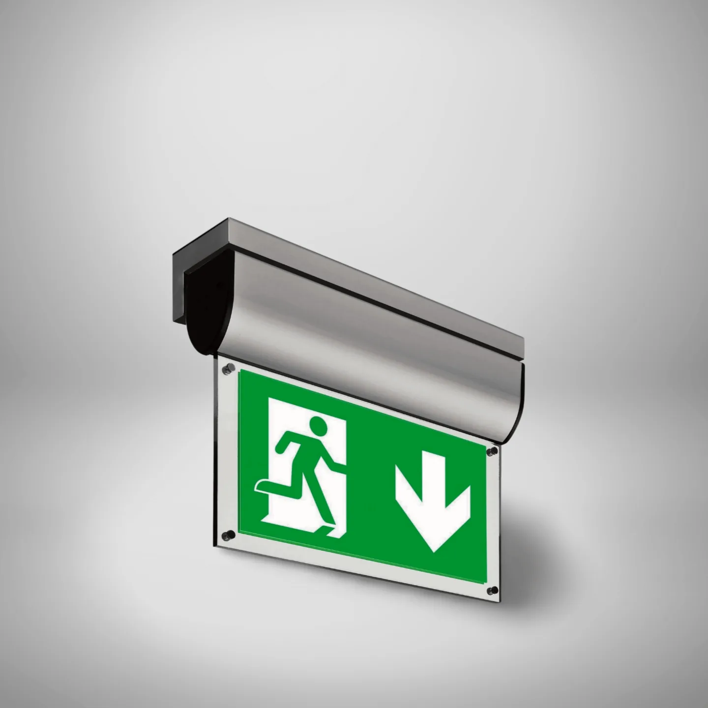 Ceiling-mounted exit sign source render with EU arrow down legend