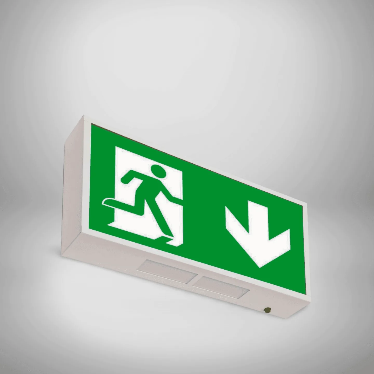Double-sided wall exit sign with running-man and down-arrow legend
