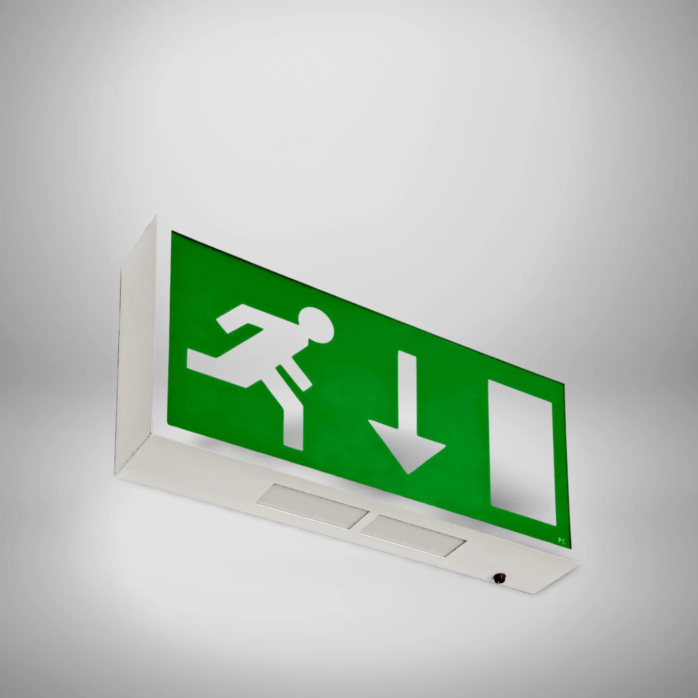 Double-sided wall exit sign source render with alternate legend orientation