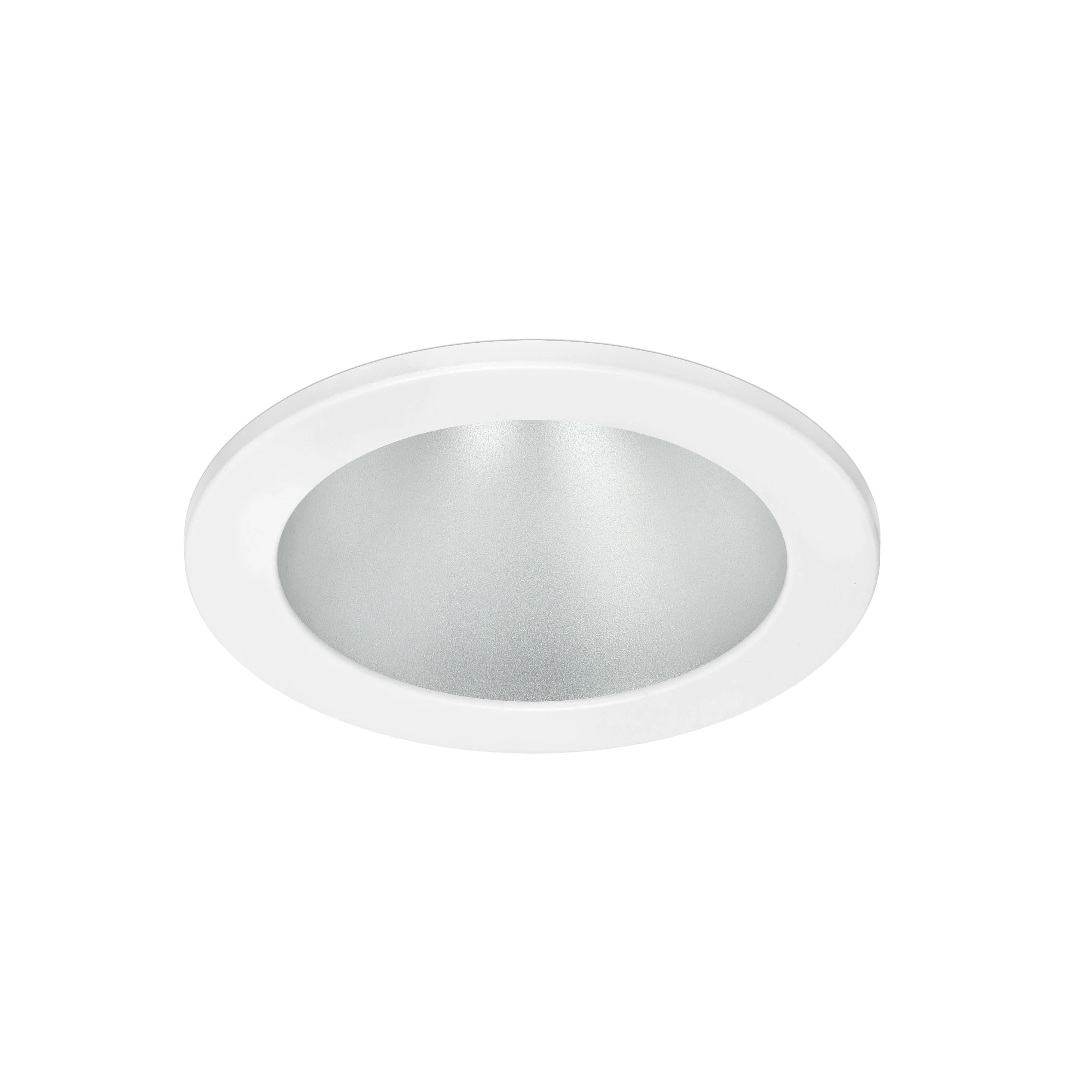 Dynamic recessed commercial downlight with white bezel and satin reflector on a white background