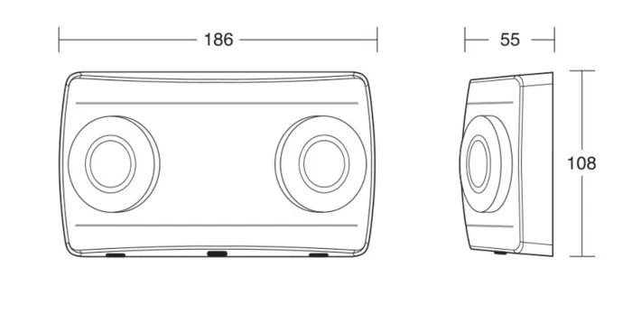 High-Intensity Emergency Twin Spot dimensional drawing; Dimensions: 186 mm wide × 108 mm high × 55 mm deep for this exact product