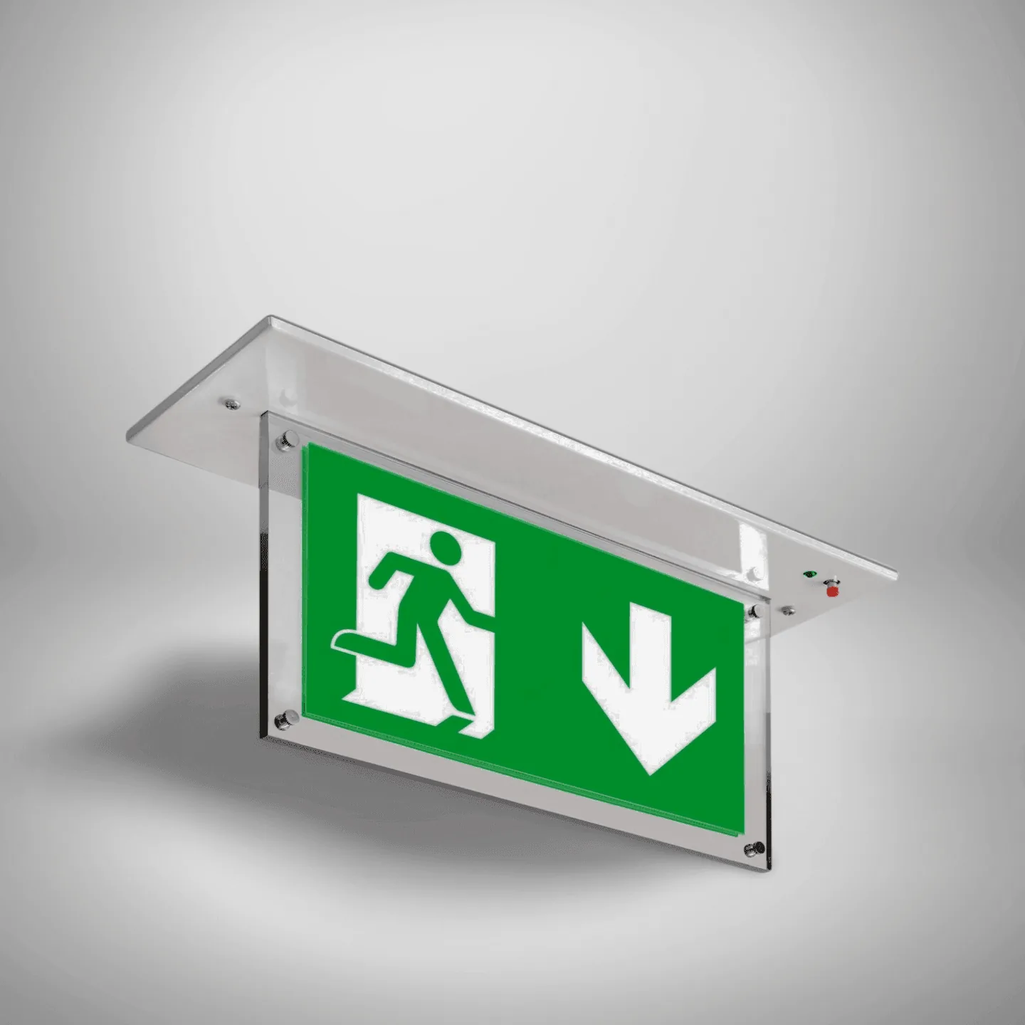 Recessed exit sign source render with EU arrow down legend