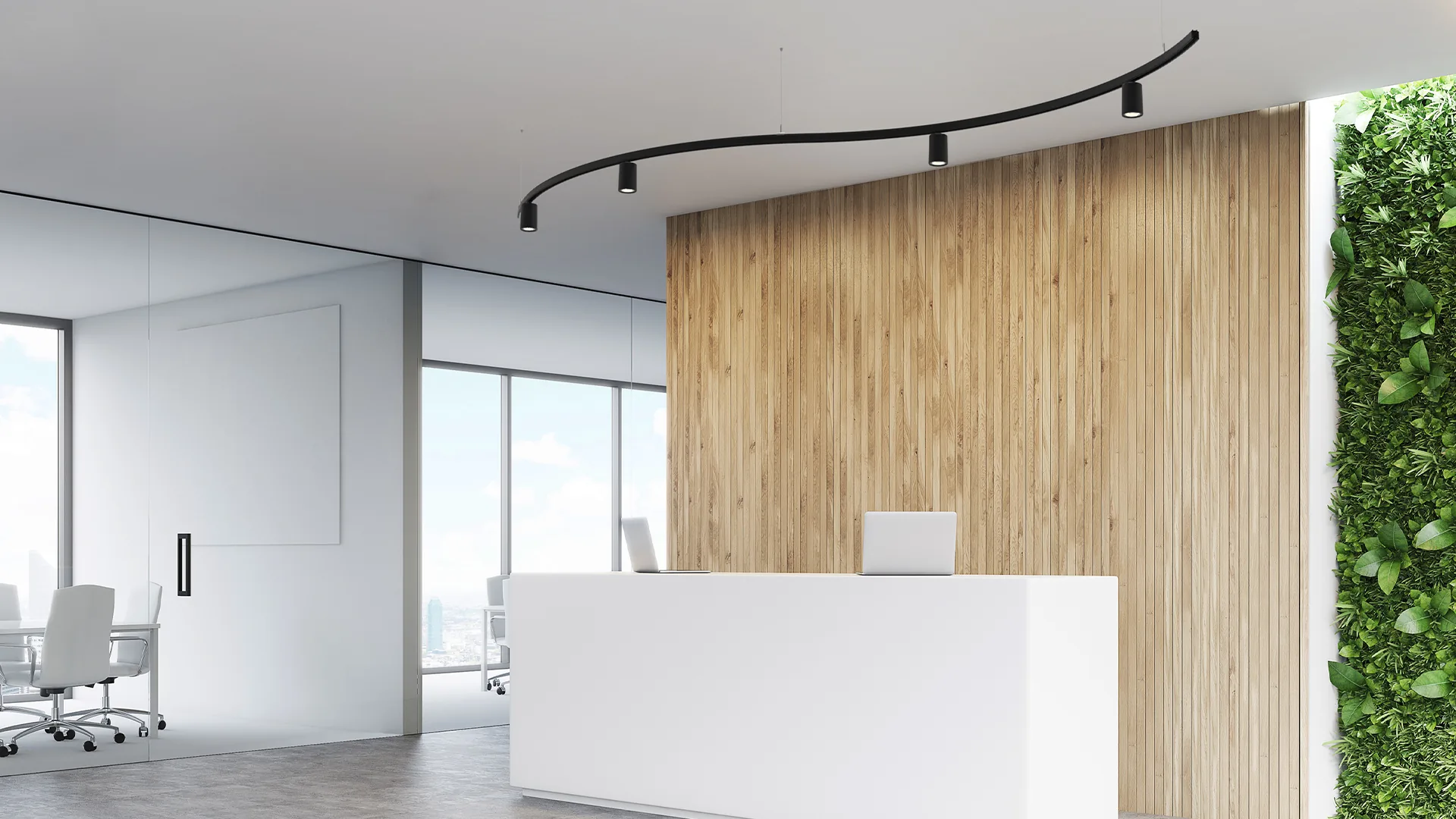 Stucchi ONETRACK suspended system with spotlights installed in a reception interior