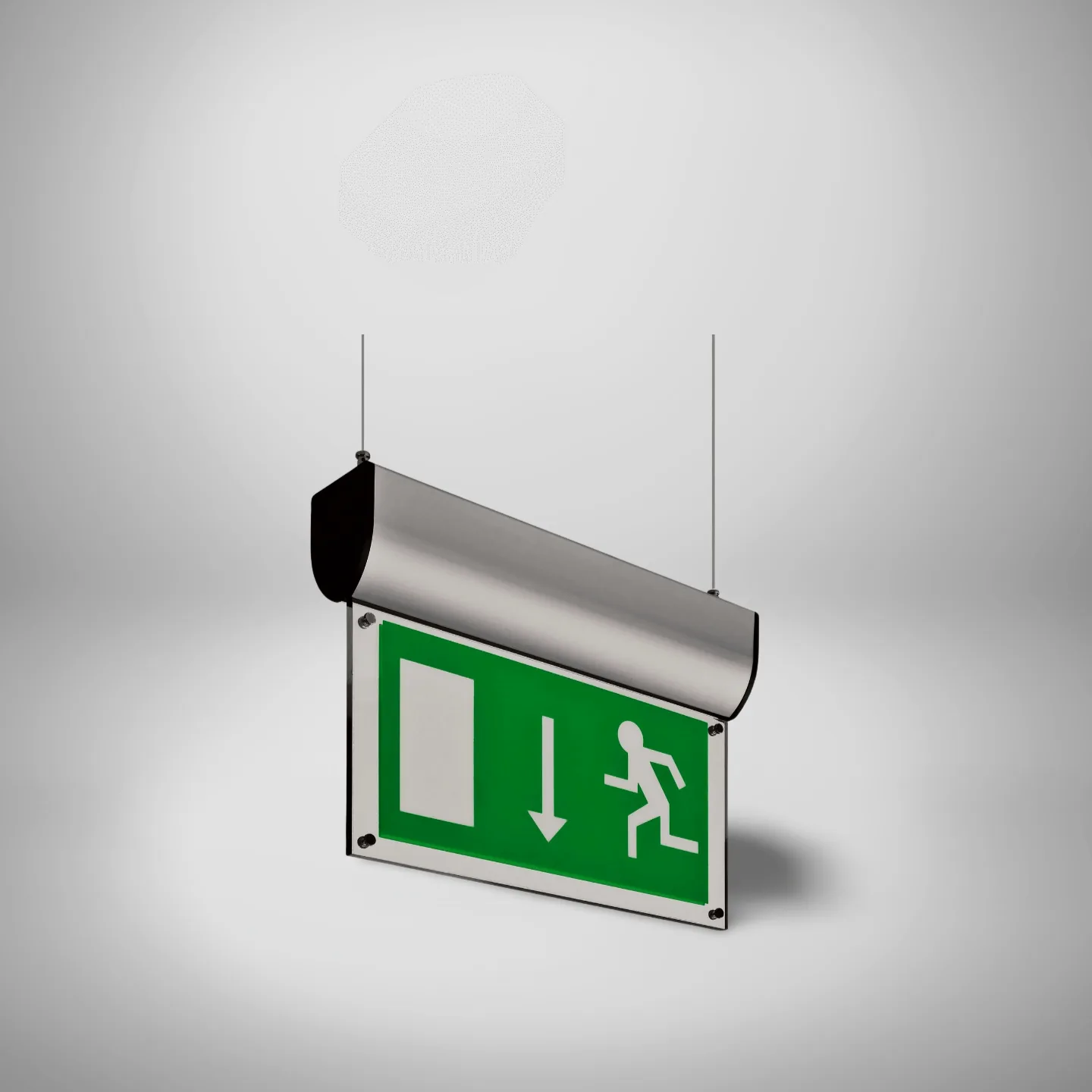 Suspended exit sign source render with alternate legend orientation