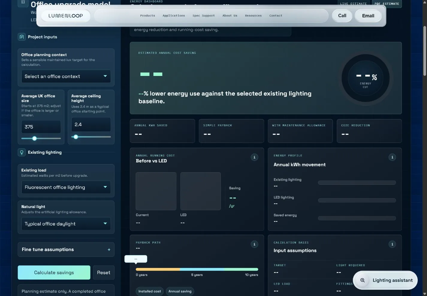 Lumenloop office lighting energy saving calculator with project inputs and energy dashboard