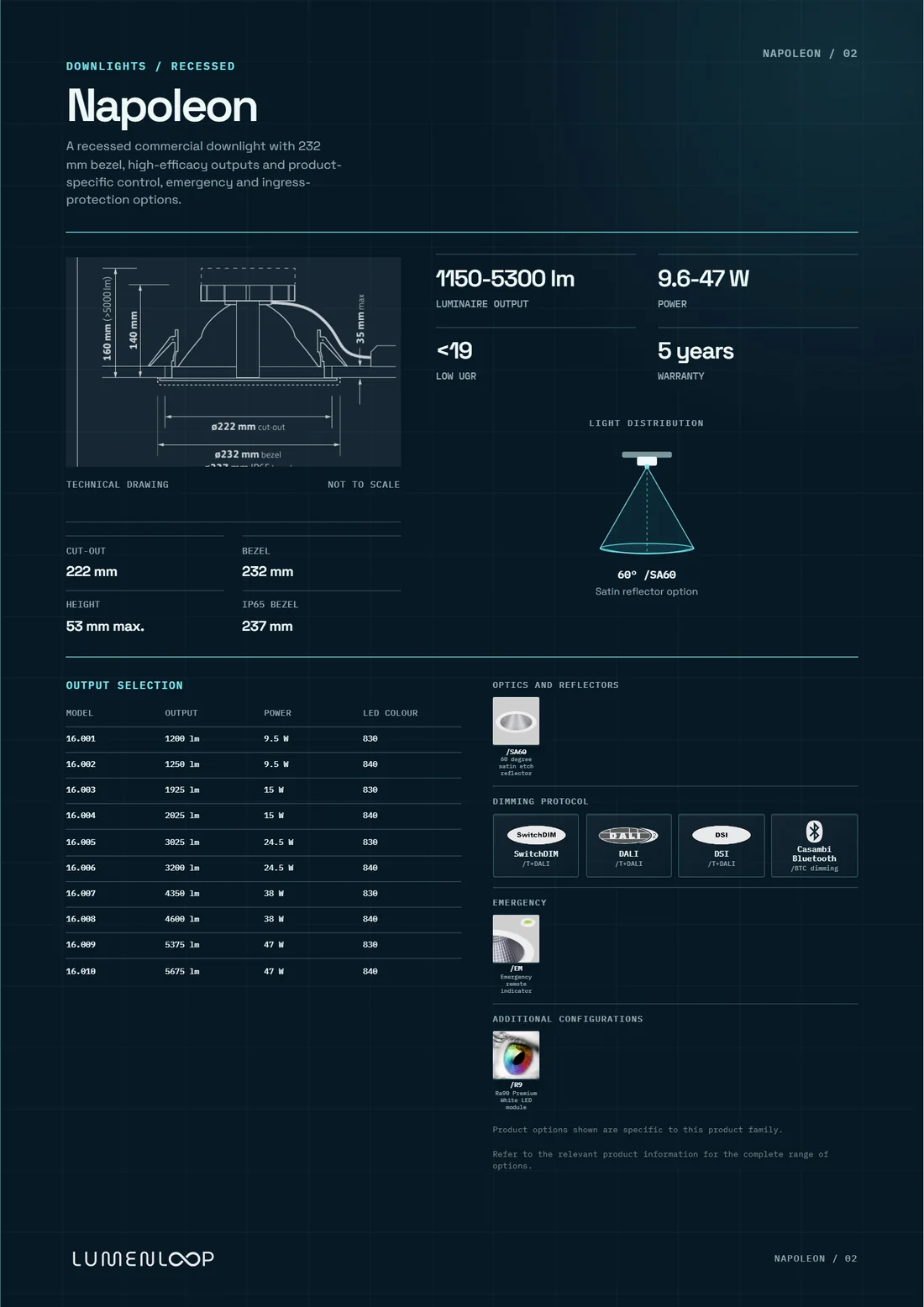 Napoleon technical catalogue page showing models, specifications and ordering options