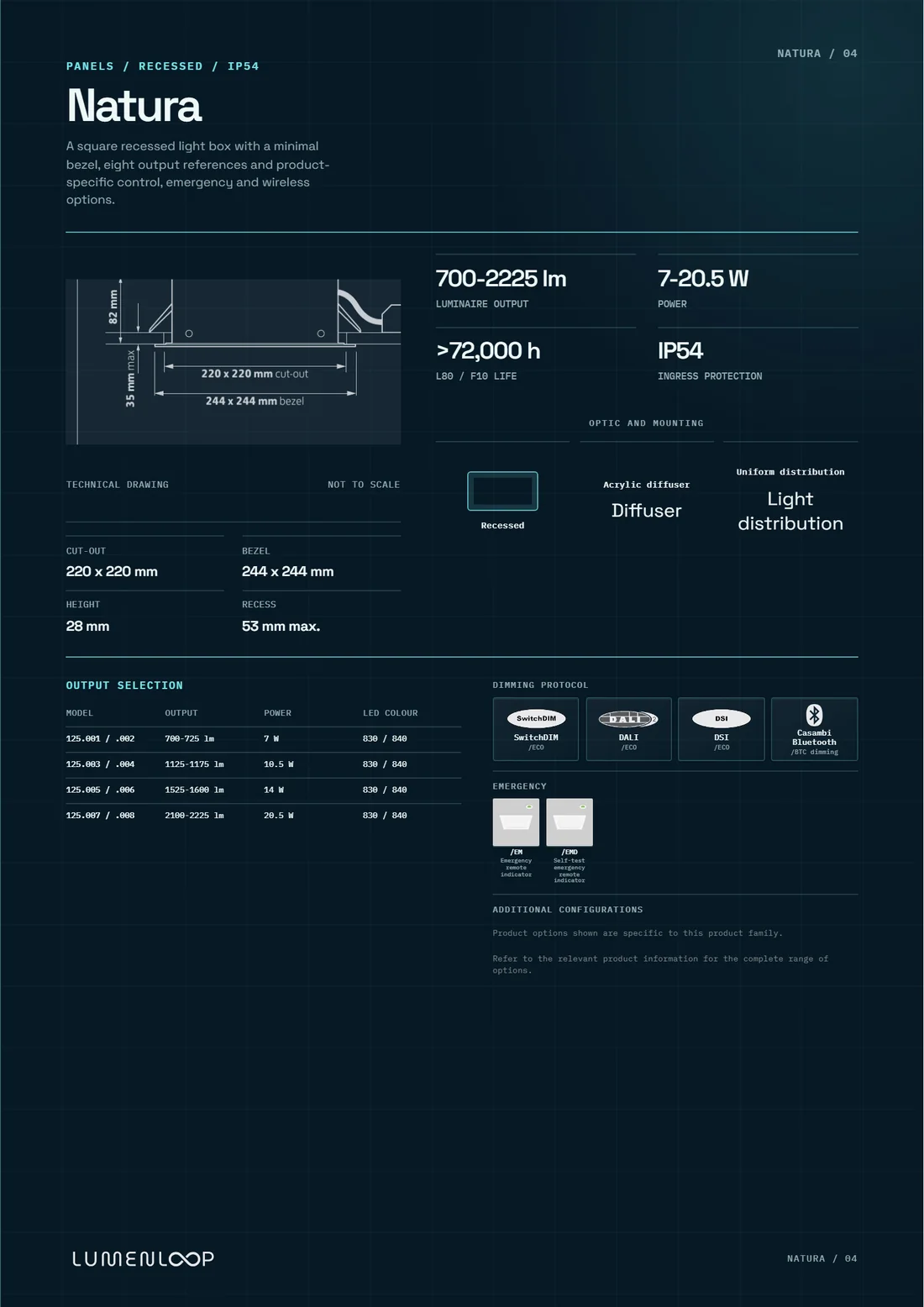Natura technical catalogue page showing models, specifications and ordering options