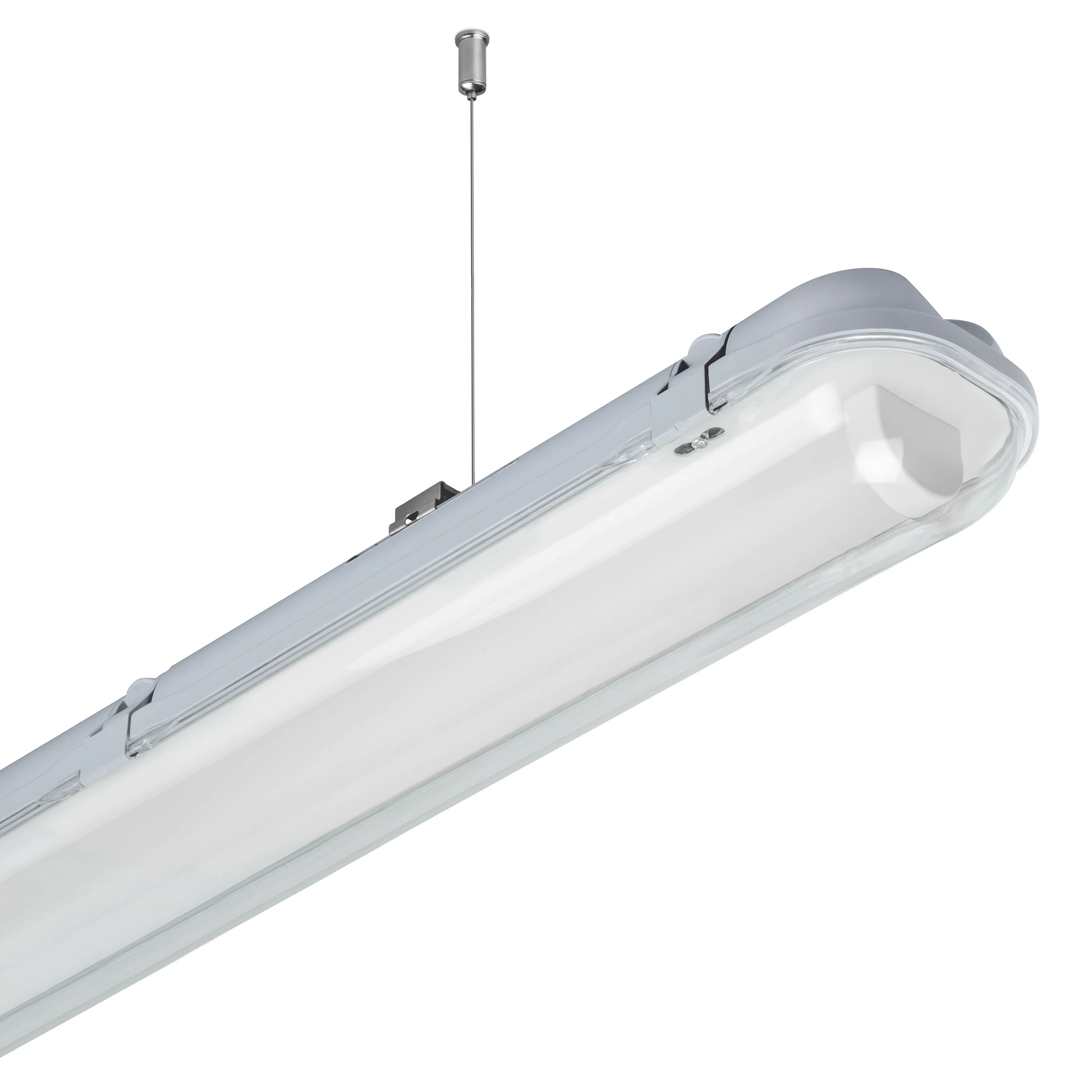 Aegis IP65 vapour-proof LED batten suspended on a two-metre wire kit against a clean white background