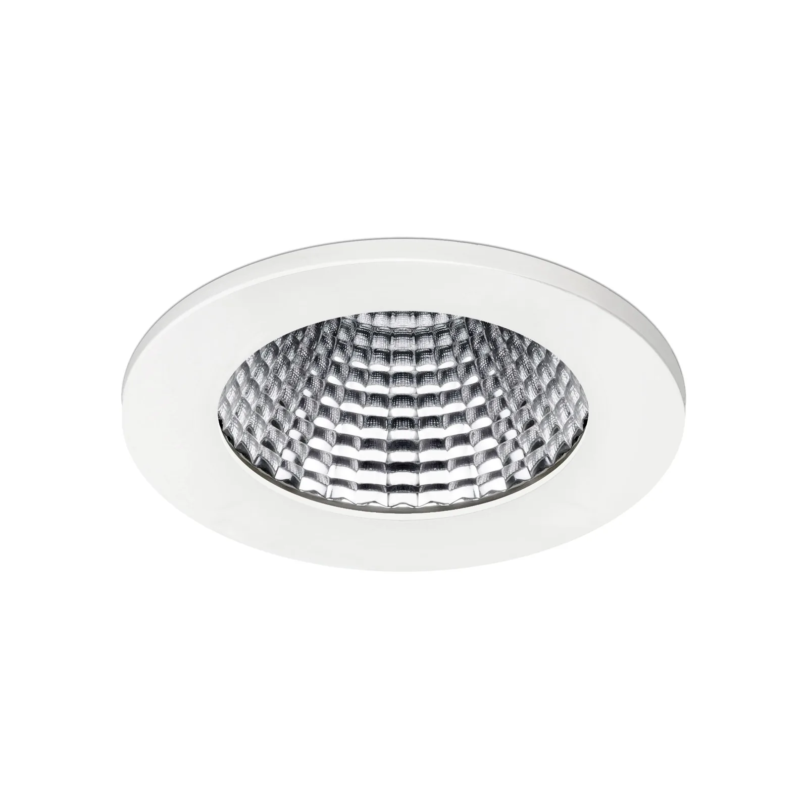 Clarity recessed commercial downlight with white bezel and multifaceted reflector on a white background