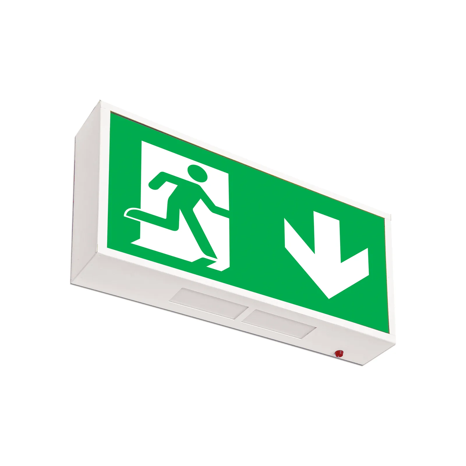 Double-sided wall-mounted LED exit sign on a high-resolution white background