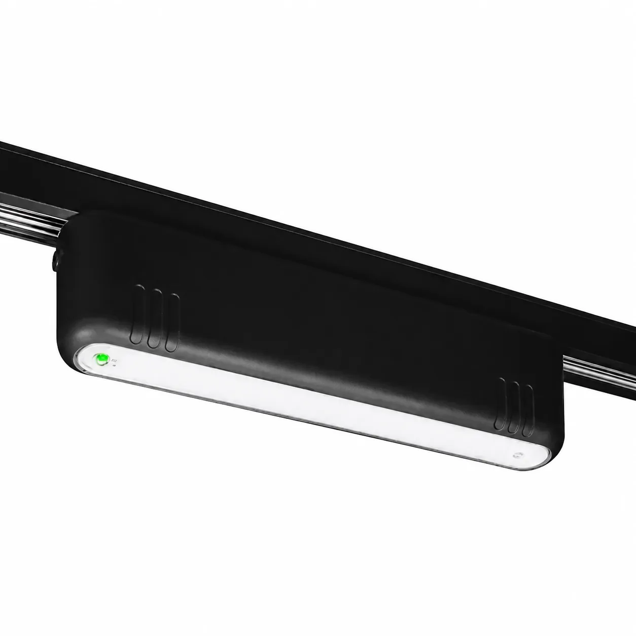 Safe Emergency black track-mounted emergency luminaire on a white background