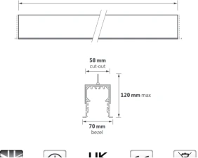Flow recessed linear dimensional drawing showing the listed cut-out lengths, width and maximum depth