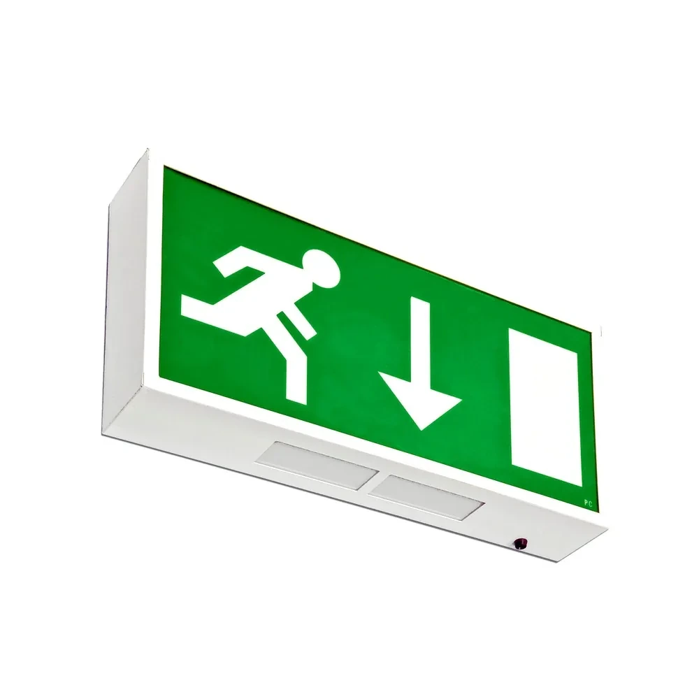 Double-sided wall exit sign with ISO legend panel from the source datasheet