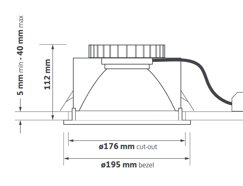 Dynamic recessed downlight dimensional line drawing showing bezel, cut-out and ceiling depth