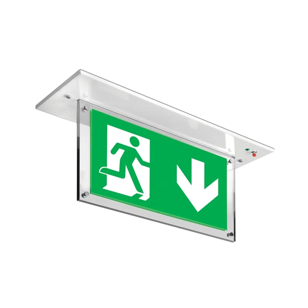 Recessed exit sign with EU arrow down legend panel from the source datasheet