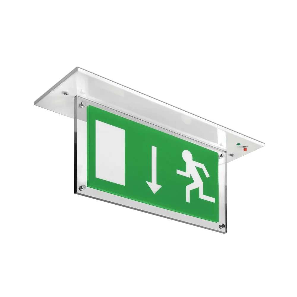 Recessed exit sign with ISO legend panel from the source datasheet