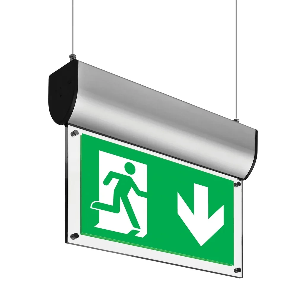 Suspended exit sign with EU arrow down legend panel from the source datasheet