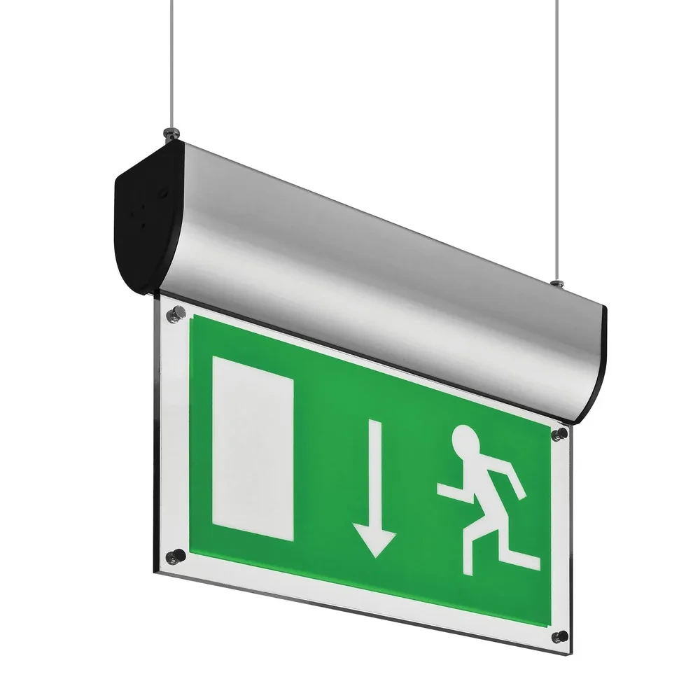 Suspended exit sign with ISO legend panel from the source datasheet