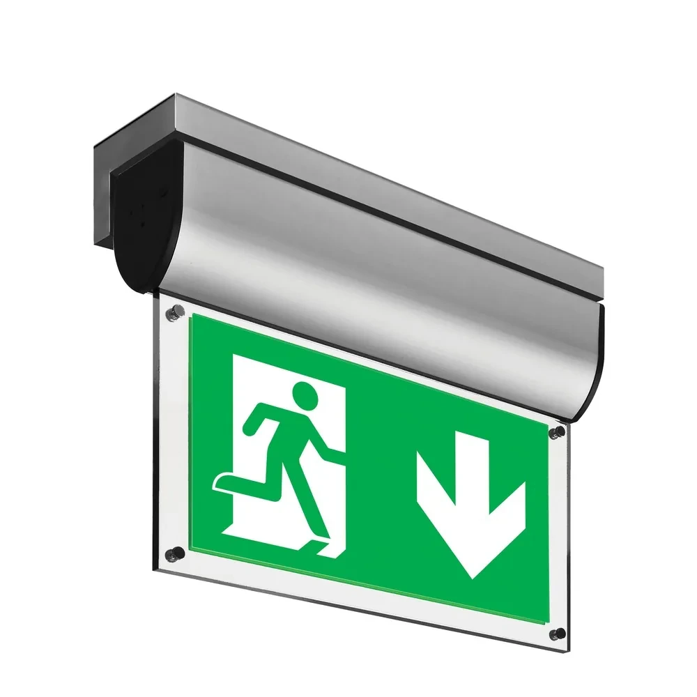 Wall-mounted exit sign with EU arrow down legend panel from the source datasheet