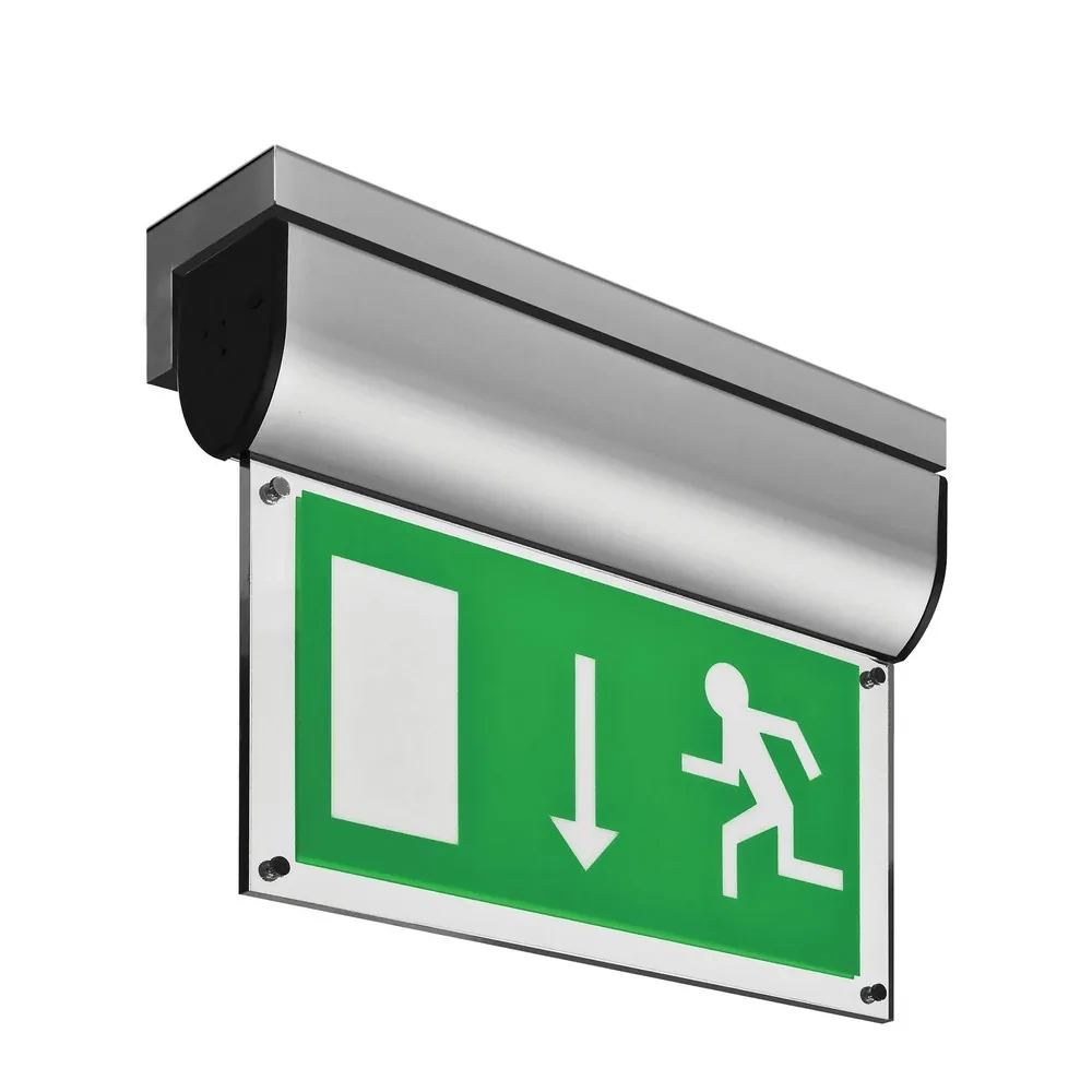 Wall-mounted exit sign with ISO legend panel from the source datasheet