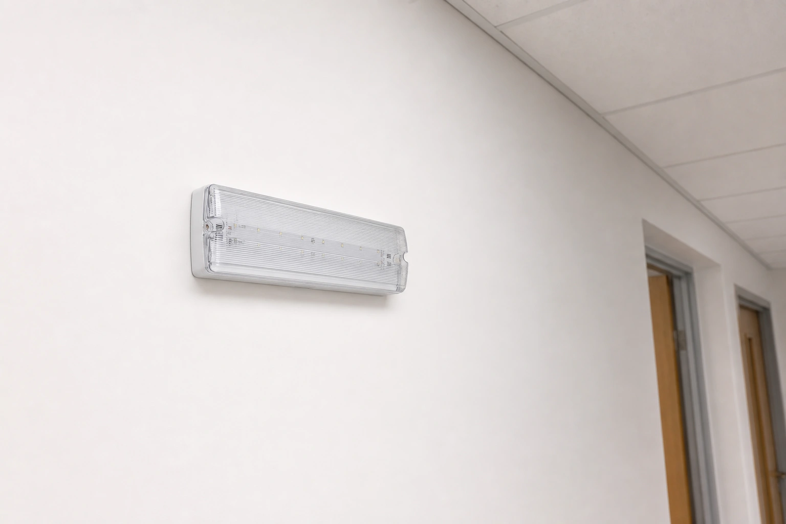 Bright rectangular emergency bulkhead installed on a corridor wall