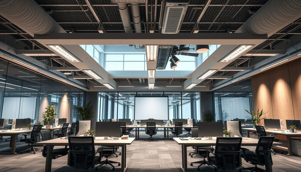 Wall-mounted commercial office lights in open workspace