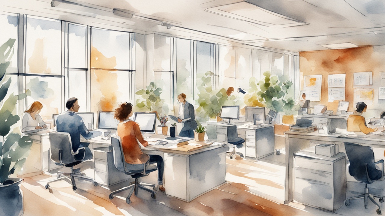 People working happily in a well-lit office space.