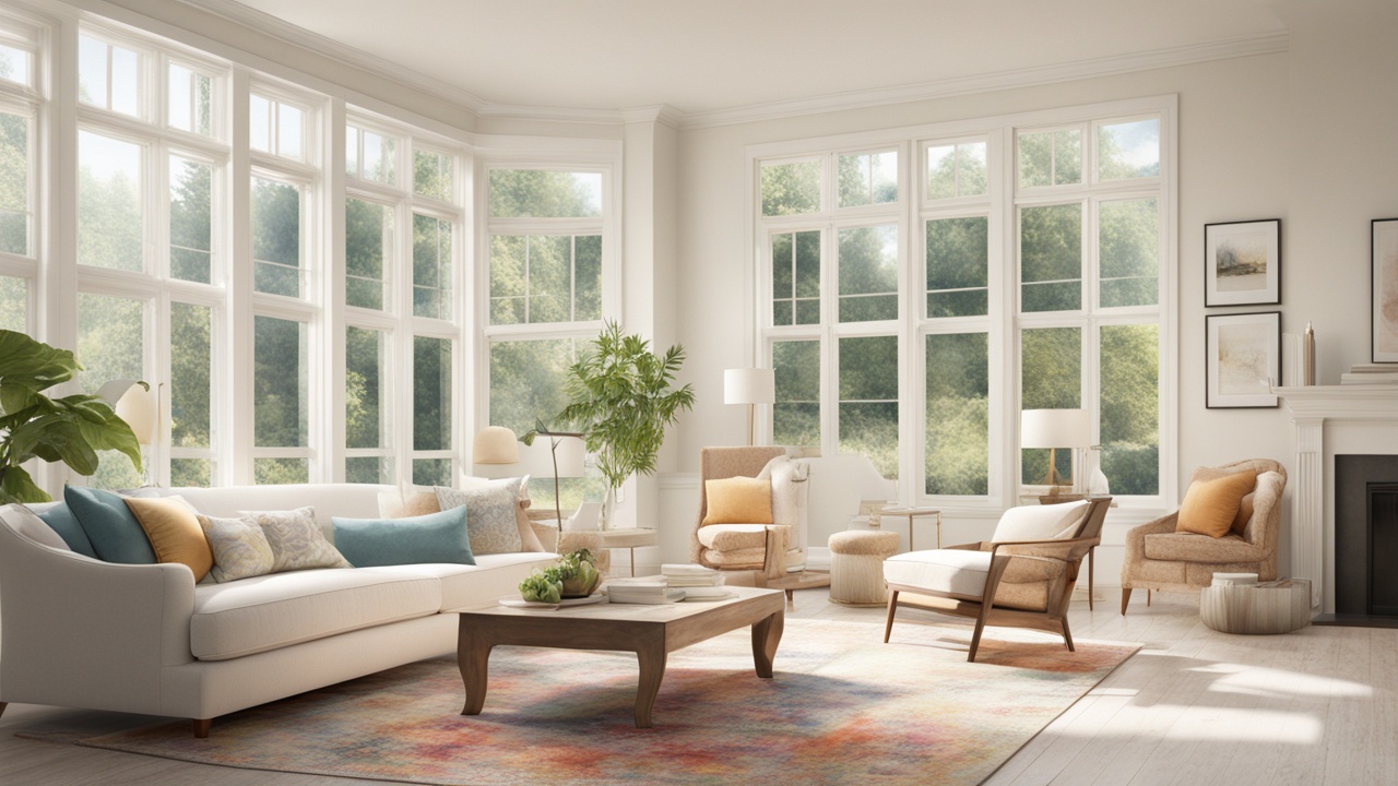 A bright room filled with natural light from large windows.