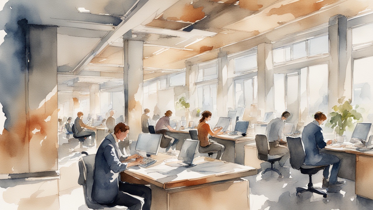 People working at desks under natural light from the ceiling.