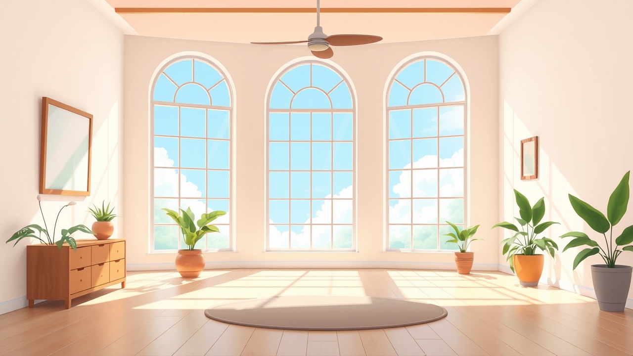 A bright room with large windows letting in sunlight.