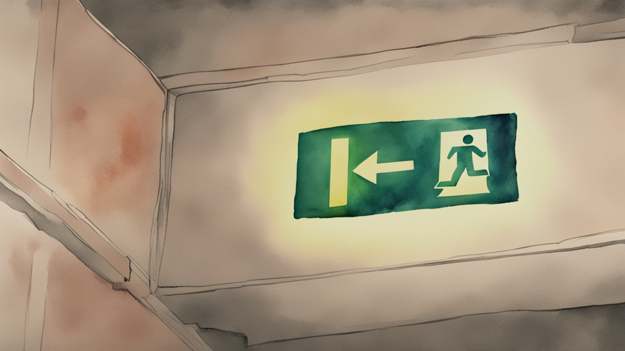A brightly lit emergency exit sign in a dimly lit corridor.