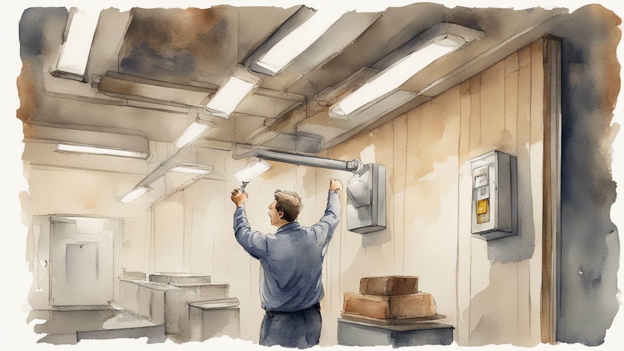 A facilities manager inspecting emergency light fixtures on a wall.