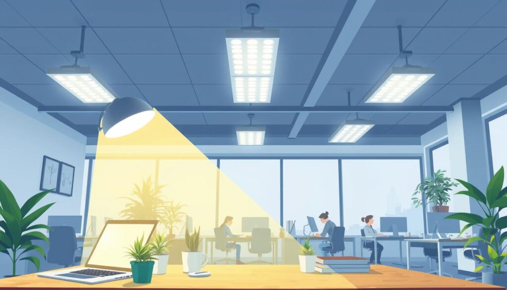 A brightly lit office space with energy-efficient LED lighting fixtures installed in the ceiling, illuminating the room with a warm, uniform glow. In the foreground, a desk with a laptop, plants, and other office supplies, showcasing how LED lighting can enhance productivity and comfort. The middle ground features several people working at their desks, demonstrating the practical application of energy-efficient lighting in a professional setting. The background includes large windows, allowing natural light to complement the artificial illumination and create a balanced, sustainable lighting solution. The overall scene conveys a sense of efficiency, productivity, and environmental consciousness.
