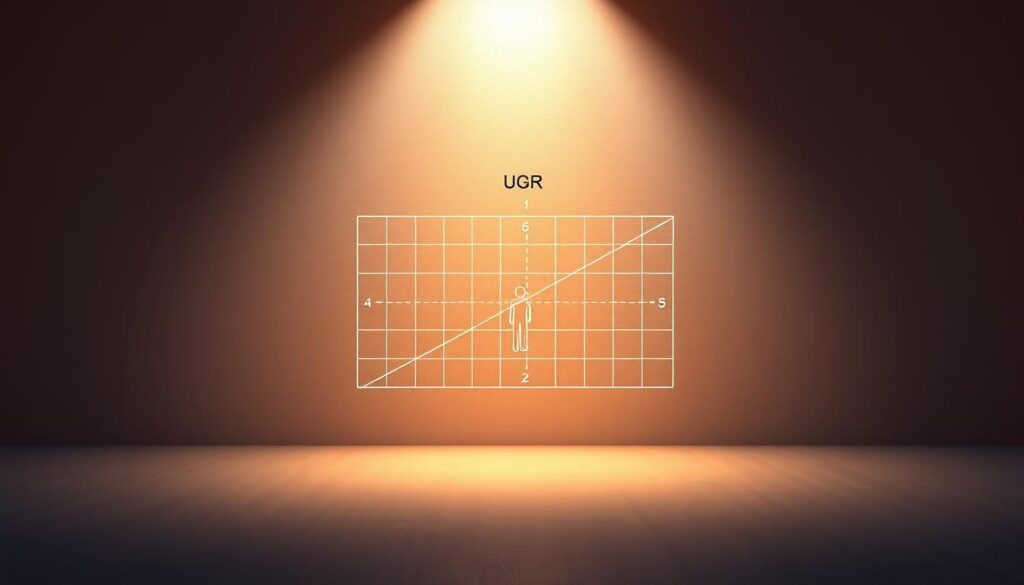 A clean, minimalist render of a unified glare rating (UGR) diagram. The foreground features a simple, technical line drawing depicting the key components of a UGR calculation - a grid of lighting fixtures, a human observer, and the angles of light entering their field of view. The middle ground showcases a textured, muted background with subtle gradients, evoking the ambiance of an modern, open-plan office space. Warm, directional lighting casts a soft glow, highlighting the diagram and creating depth and dimensionality. The overall mood is informative yet visually striking, drawing the viewer's attention to the important concept of UGR and its role in glare control for today's workspaces.