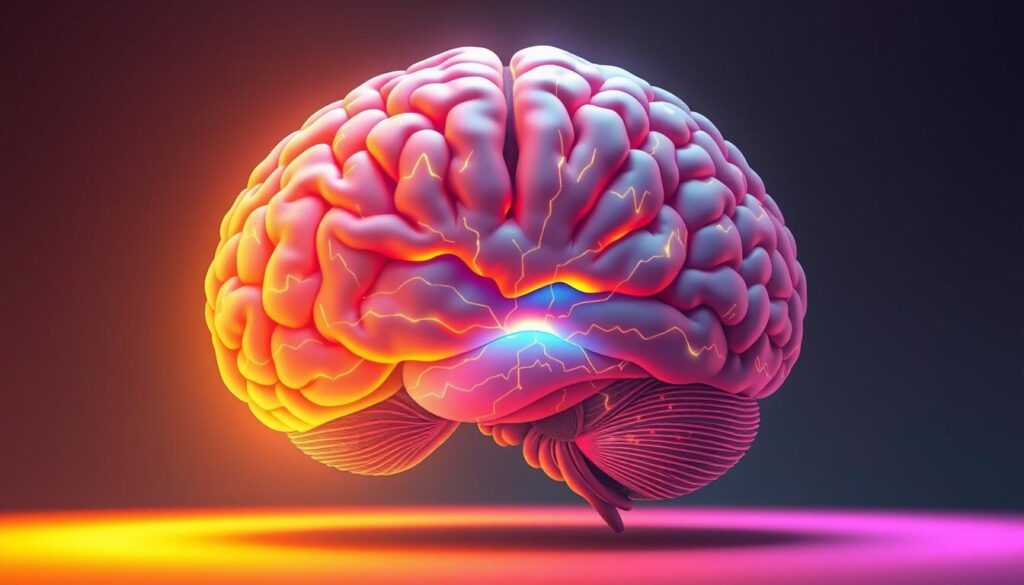 A cross-section of the human brain, illuminated by a spectrum of colors representing the scientific principles behind how light affects neural activity. In the foreground, a vibrant cerebral cortex glows with pulsating patterns, simulating the brain's dynamic response to different wavelengths of light. The middle ground features a detailed rendering of the visual processing centers, with synaptic connections transmitting signals in intricate webs. In the background, a warm, amber-hued light bathes the scene, evoking the calming and focusing effects of certain light frequencies on mood and cognitive performance. The composition conveys the intricate interplay between light, neurobiology, and human experience.