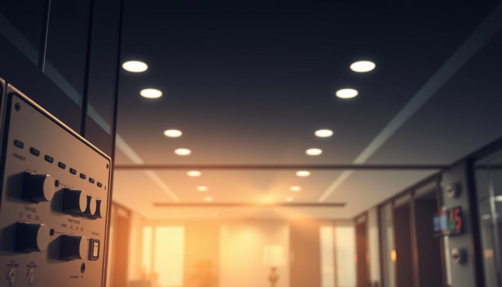 A dimly lit commercial interior showcases a modern lighting control panel. In the foreground, a sleek, metallic control interface with various toggles, sliders, and digital displays. Diffused, warm lighting filters through the middle ground, creating a cozy, atmospheric ambiance. In the background, a minimalist ceiling with recessed lighting fixtures, their beams converging to illuminate the space evenly. The overall scene conveys a sense of precise, efficient control over the lighting environment, enabling energy-saving and user-tailored illumination for a comfortable, code-compliant workspace.
