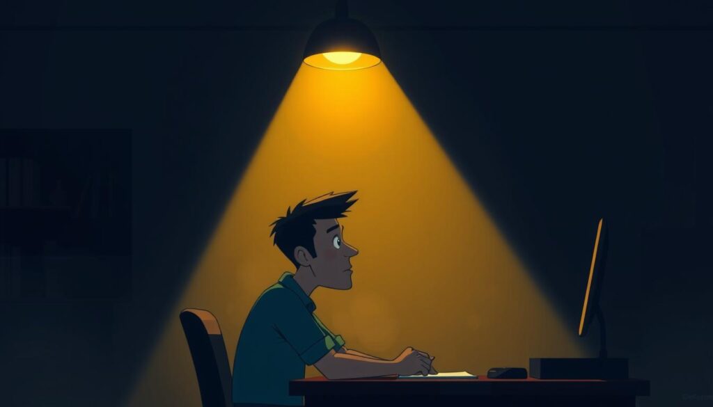 A dimly lit room with a single overhead spotlight casting a warm, golden glow over a person sitting at a desk, deep in thought. The focal point is the person's face, illuminated by the light, creating dramatic shadows that accentuate their features and convey a pensive, reflective mood. The background is hazy and out of focus, creating a sense of isolation and introspection. The lighting is carefully crafted to evoke a sense of contemplation and the impact it has on the individual's mood and performance.