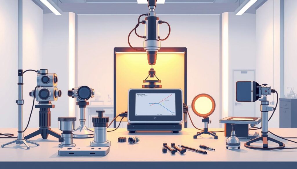 A meticulously designed modern lighting measurement apparatus, featuring a sleek and minimalist aesthetic. In the foreground, an array of advanced sensors and calibration tools, bathed in a warm, diffused lighting. The mid-ground showcases the primary measurement device, its precision-engineered components and intuitive control interface. In the background, a clean, white-walled laboratory setting, with subtle hints of technical instrumentation, conveying a sense of scientific rigor and technical sophistication. The overall composition exudes a harmonious balance of form and function, reflecting the principles of the new CIE S 026 lighting standard.