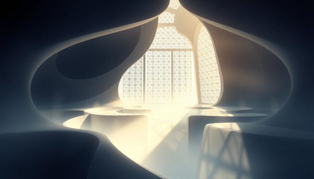 A vast, ethereal structure made of light and shadow, defying the constraints of physical form. In the foreground, geometric planes and curved surfaces intersect, creating a mesmerizing interplay of luminosity and depth. The middle ground features intricate, latticed frameworks that appear to shift and morph, hinting at the elusive nature of the fourth dimension. The background dissolves into an atmospheric haze, suggesting a realm beyond our perceivable reality. Illuminated by a soft, directional light that casts dynamic, chiaroscuro effects, the architecture evokes a sense of transcendence, challenging our conventional notions of space and time.