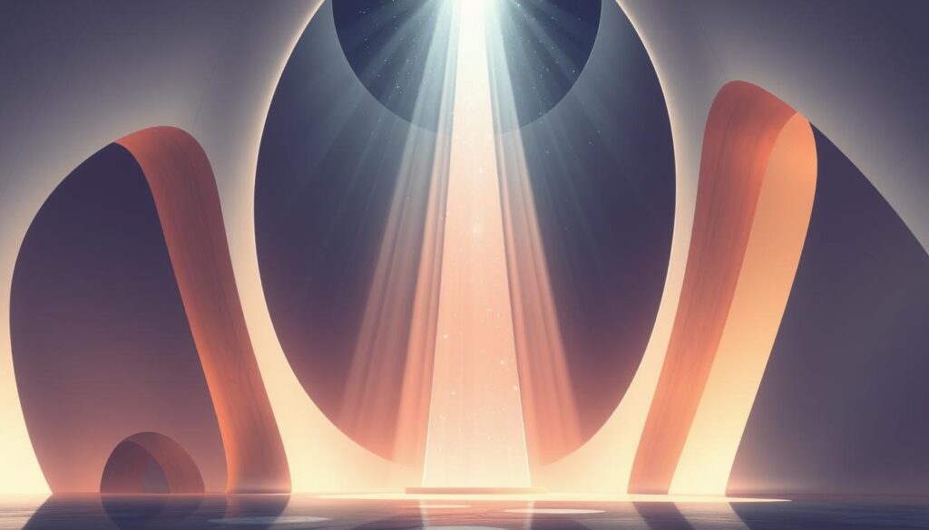 A vast, expansive space illuminated by an ethereal, celestial glow. Architectural forms, gracefully curving and angular, are bathed in a soft, diffuse light that seems to emanate from within. Beams of light pierce through the shadows, casting intricate patterns and textures upon the surfaces. The atmosphere is serene, tranquil, and contemplative, inviting the viewer to experience the transformative power of light on the built environment. Captured with a wide-angle lens, the scene conveys a sense of depth and grandeur, showcasing how illumination can elevate the spatial and emotional qualities of architecture.