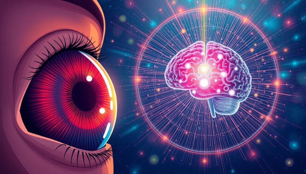 A vibrant and intricate illustration depicting the scientific concept of non-visual photoreception. In the foreground, a highly detailed cross-section of the human eye, showcasing the specialized photoreceptor cells responsible for detecting light beyond the visible spectrum. The middle ground features a stylized diagram of the brain's visual and non-visual processing pathways, with intricate neural connections and glowing centers of activity. In the background, a radiant, abstract landscape of overlapping light waves and electromagnetic fields, conveying the broad spectrum of light energy that influences human physiology and behavior, beyond the limitations of conscious sight.